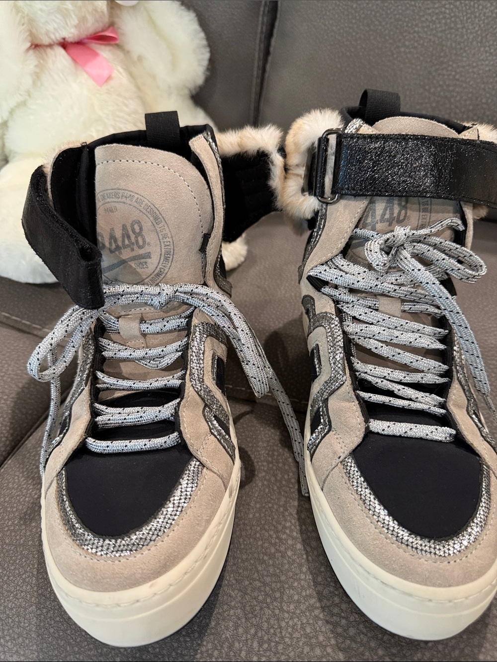 P448 Grey High-Top Women’s Sneakers with Fur Trim